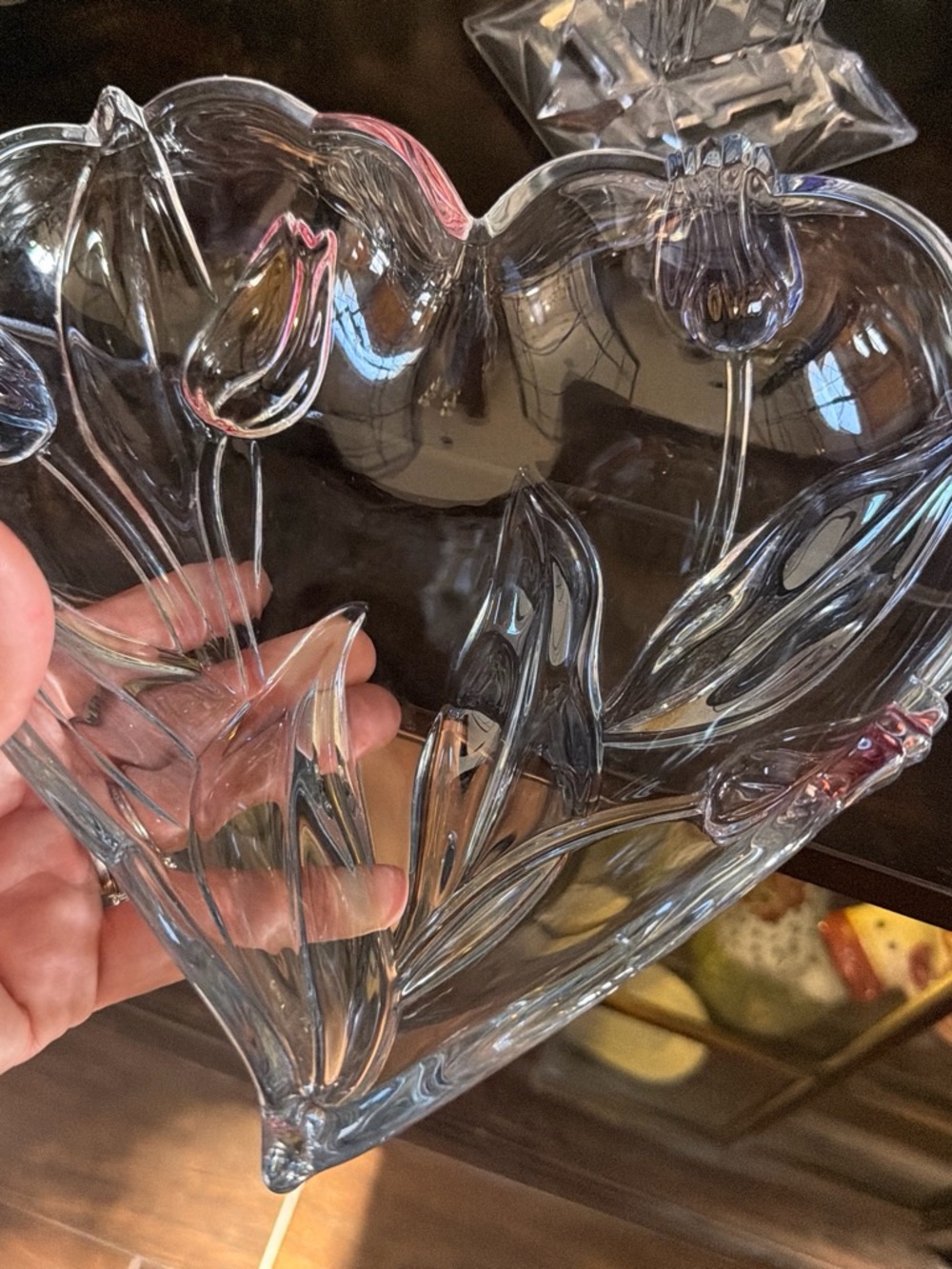 Mikasa Glass heart shaped bowl with pink floral tulip design #heart #flora
